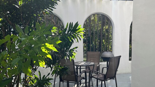 Une terrasse couverte, dotée d’une table et de chaises, entourée de verdure et bordée d’un mur blanc.