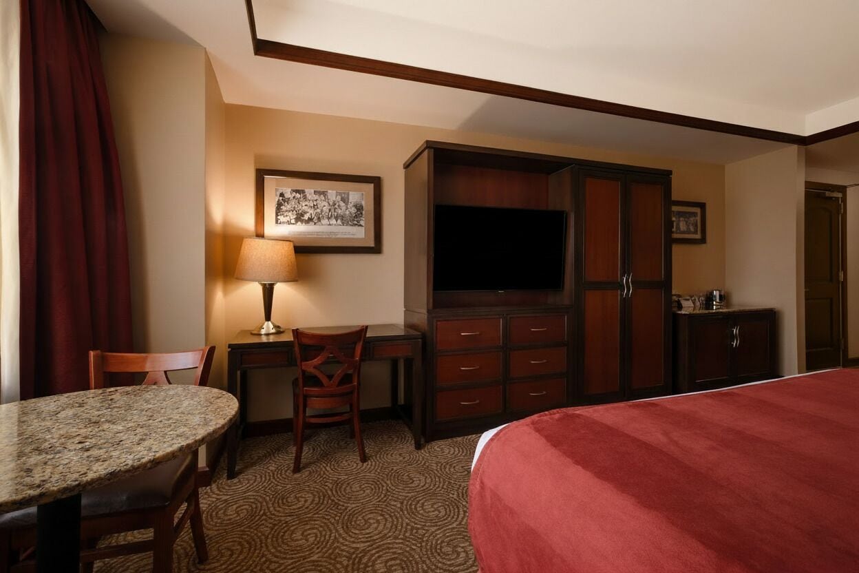 Habitación de hotel con cama, escritorio, sillas, televisor y armario.