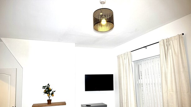 Een slaapkamer met een bed, een dressoir, een televisie, een radiator, een plankje met een plant en een raam met gordijnen.