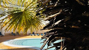 Zona de piscina amb palmeres i un camí empedrat.
