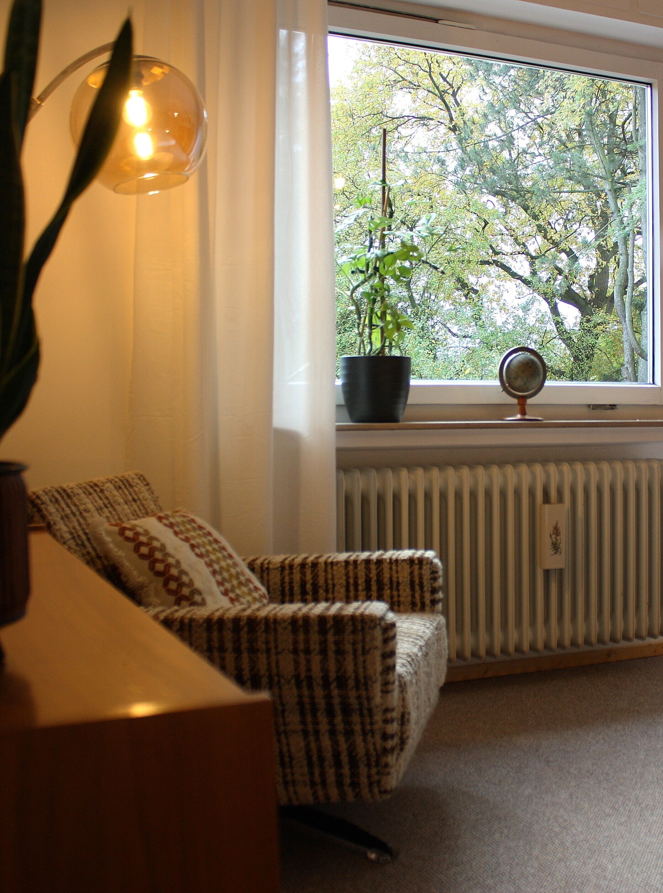 Een kamer met een raam, een radiator, een kamerplant, een stoel en een lamp.