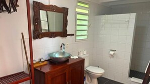Ein Badezimmer mit Holzwaschtisch, einem großen Spiegel, einer weißen Toilette und einer Duschkabine.