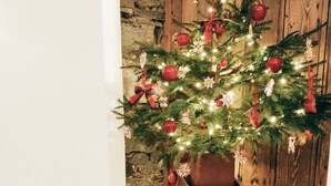 Een kerstboom in een rustieke houten plantenbak met decoraties en lichtjes, voor een stenen muur en houten deur.