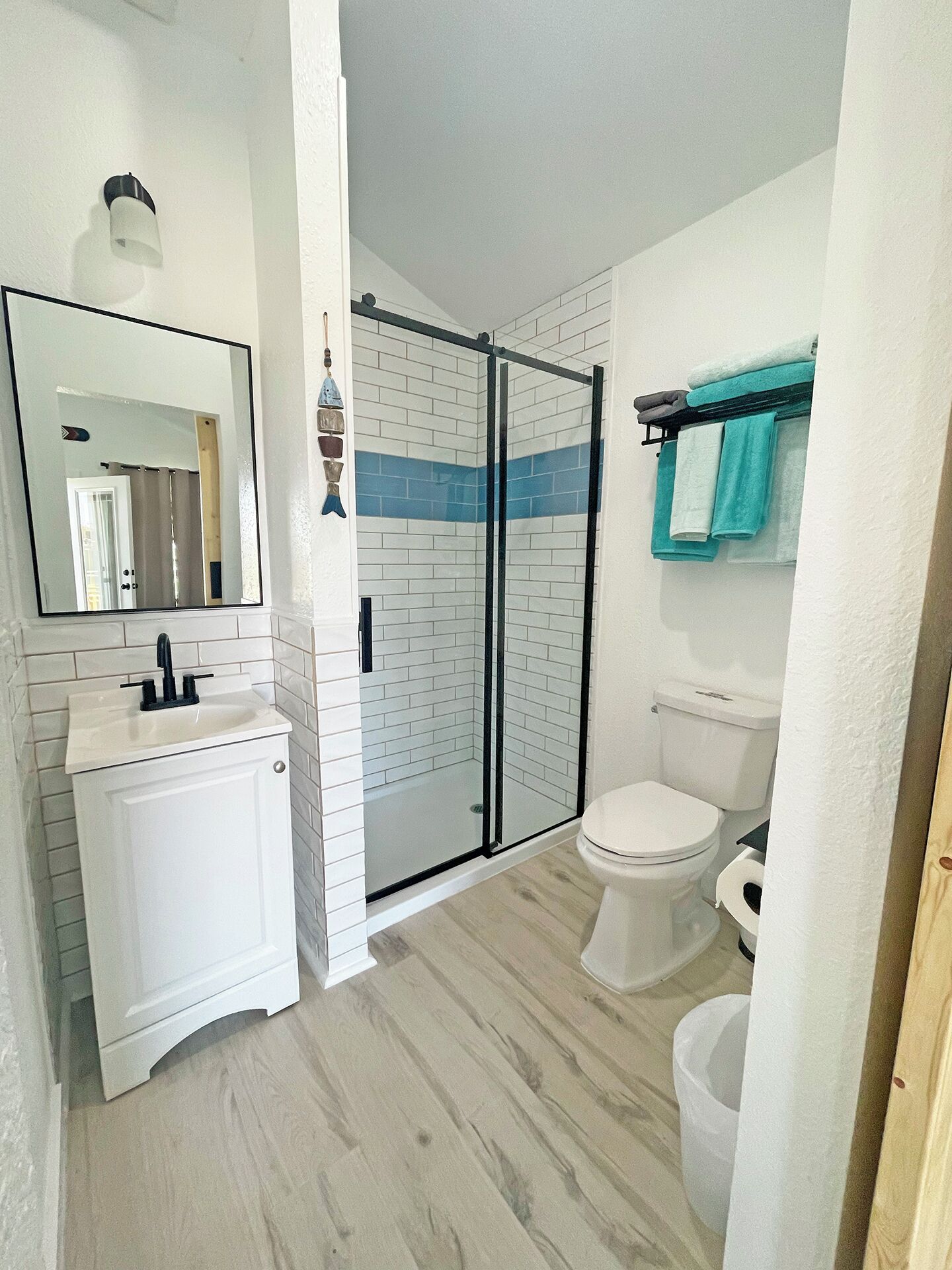 Shower, towels, soap, toilet paper