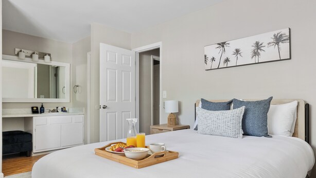 Habitación de hotel con cama, bandeja de desayuno, paredes blancas, una puerta, un espejo y un cuadro de palmeras.