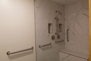 Shower, jetted tub, hair dryer, bidet