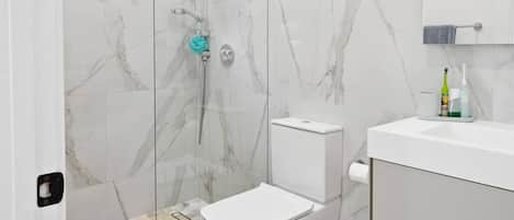 Hair dryer, towels, toilet paper
