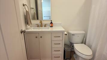 Hair dryer, towels, soap, toilet paper