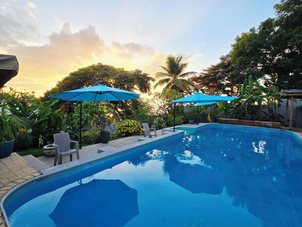 A swimming pool with two blue umbrellas, surrounded by greenery and a clear sky. - Bravos Ocean View House w/ Private Saltwater Pool (Vieques)