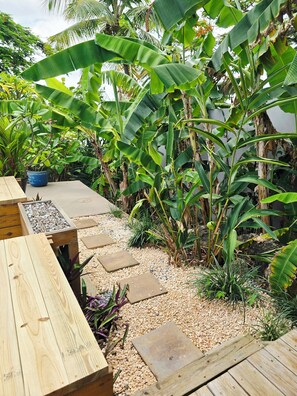 A wooden deck with a gravel path, surrounded by lush banana plants and other greenery.