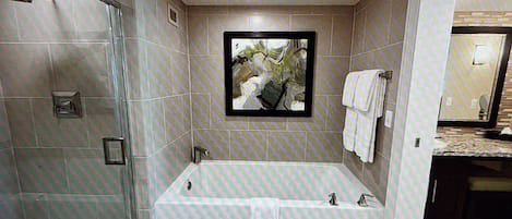 Hair dryer, towels, soap, toilet paper