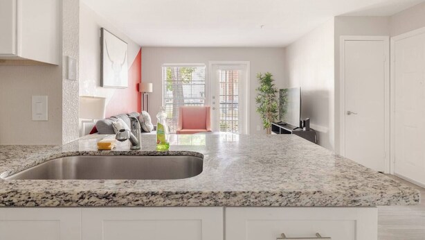 A modern kitchen with a granite countertop, stainless steel sink, and a dining area with a pink sofa and a TV. - Cozy 1BR with 2 Beds @5 min walk to NRG & near TMC (Houston)