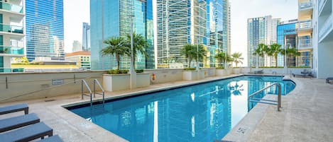 Outdoor pool, open 10:00 AM to 6:30 PM, sun loungers