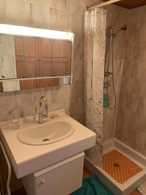 Ein Badezimmer mit Waschbecken, Spiegel, Dusche und gefliesten Wänden.