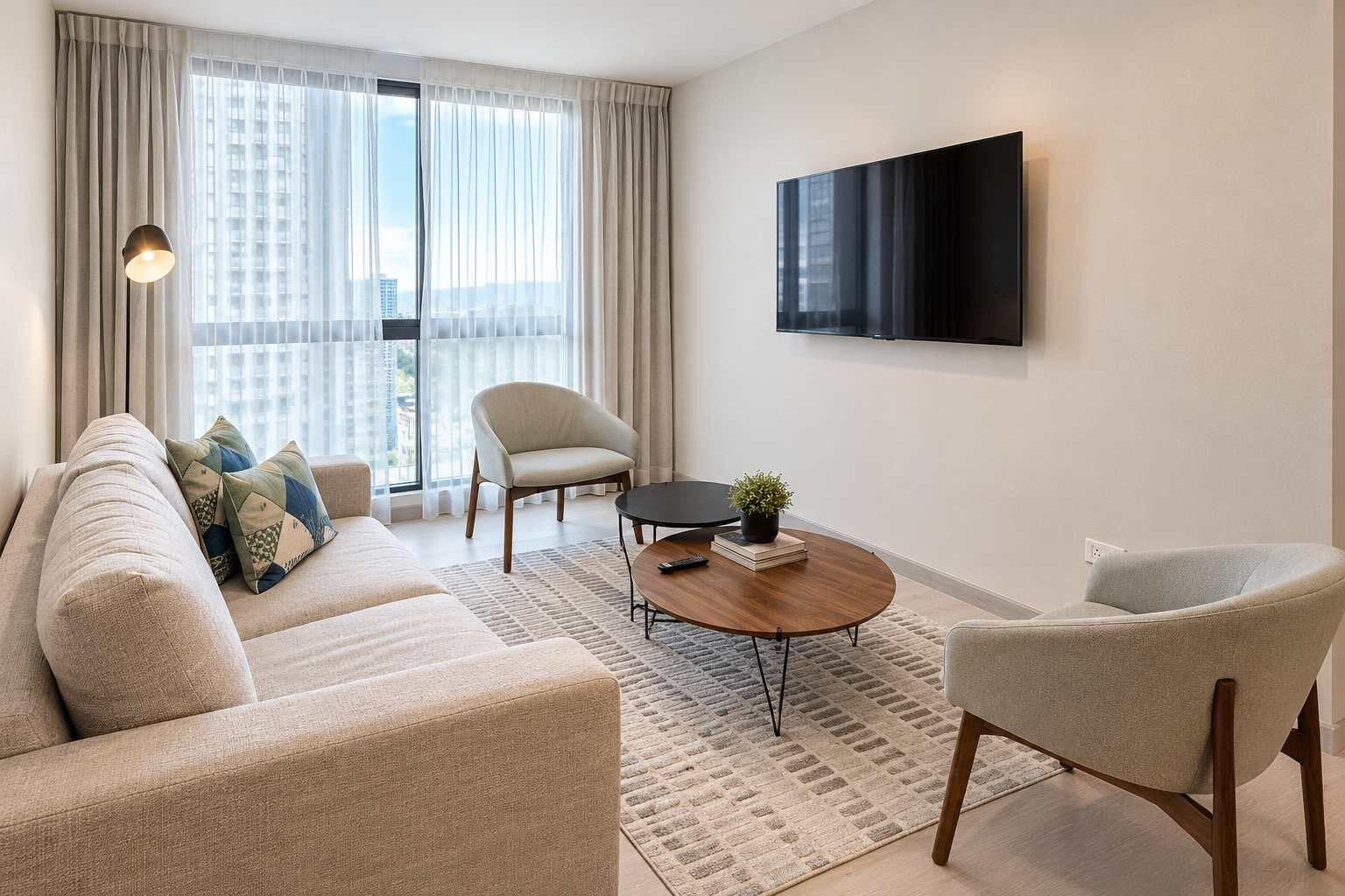 A modern living room with a sofa, armchairs, a coffee table, and a flat-screen TV mounted on the wall.