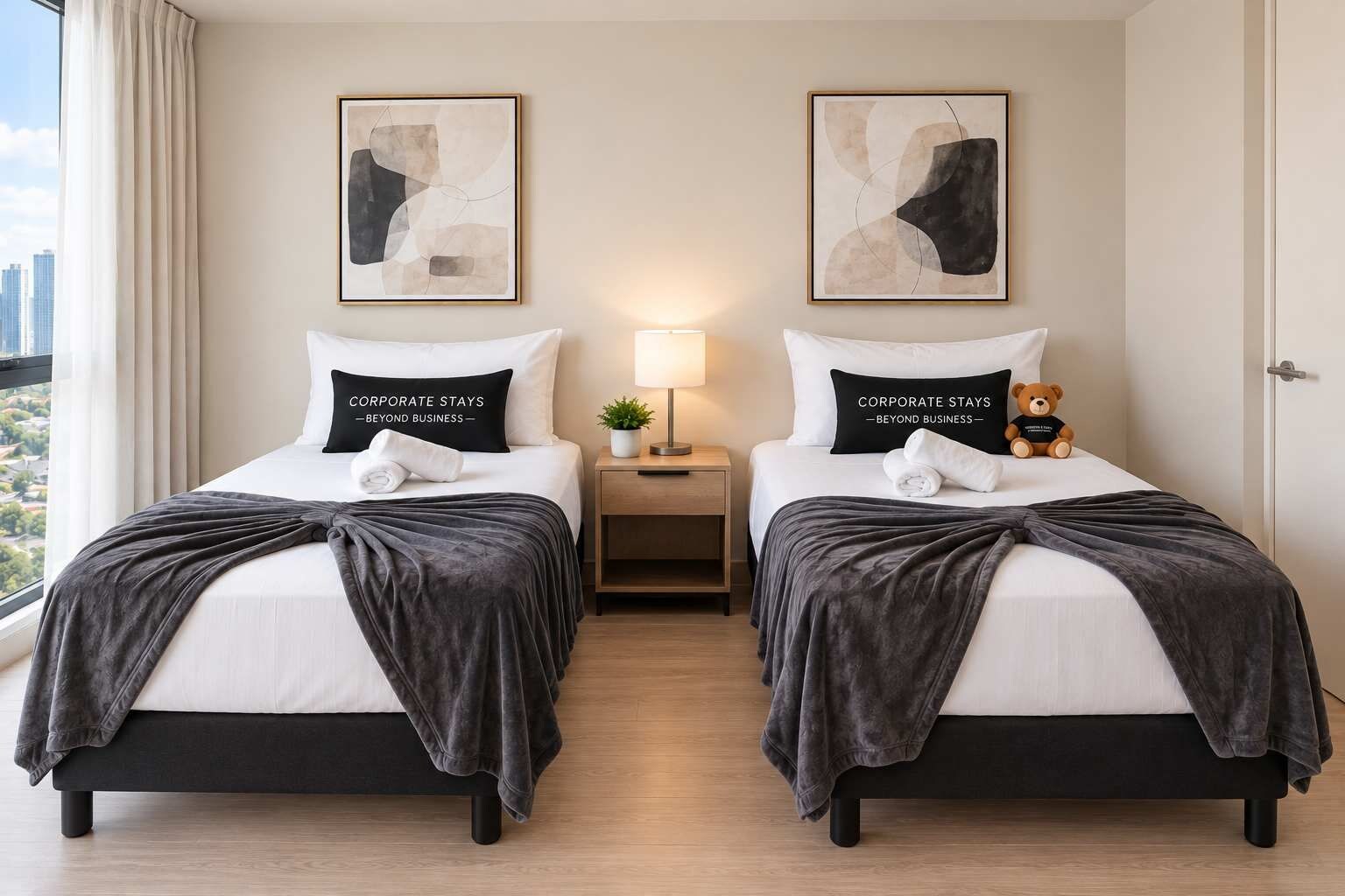 A hotel room with two beds, each with a pillow stating 'CORPORATE STAYS - BEYOND BUSINESS,' a nightstand with a lamp, and a teddy bear on one bed.