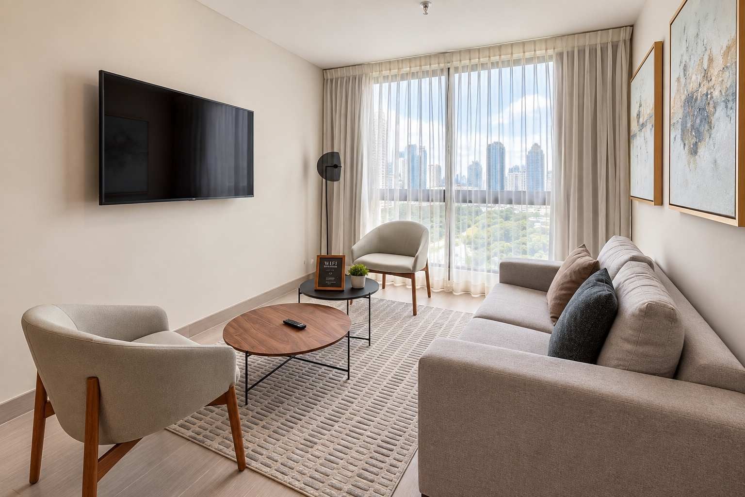 A modern living room with a flat-screen TV, a sofa, a chair, a coffee table, and a city view through large windows.