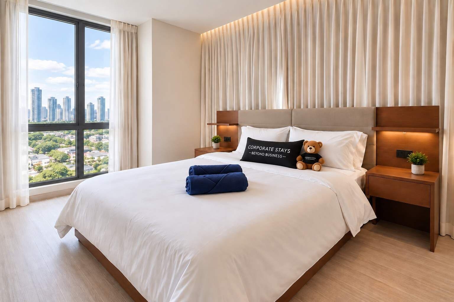 Habitación de hotel con una cama grande y vistas de la ciudad, mostrando un paisaje urbano a través de la ventana.