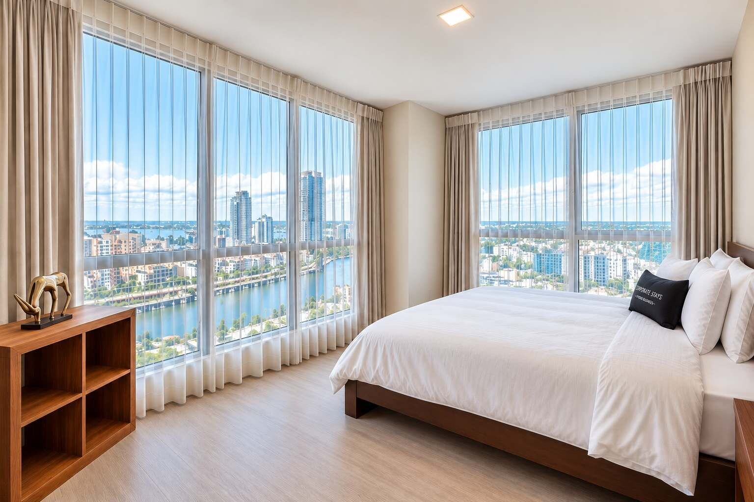 Een hotelkamer met een groot bed, een houten nachtkastje en een uitzicht op een stadslandschap door middel van vloerhoog raam.