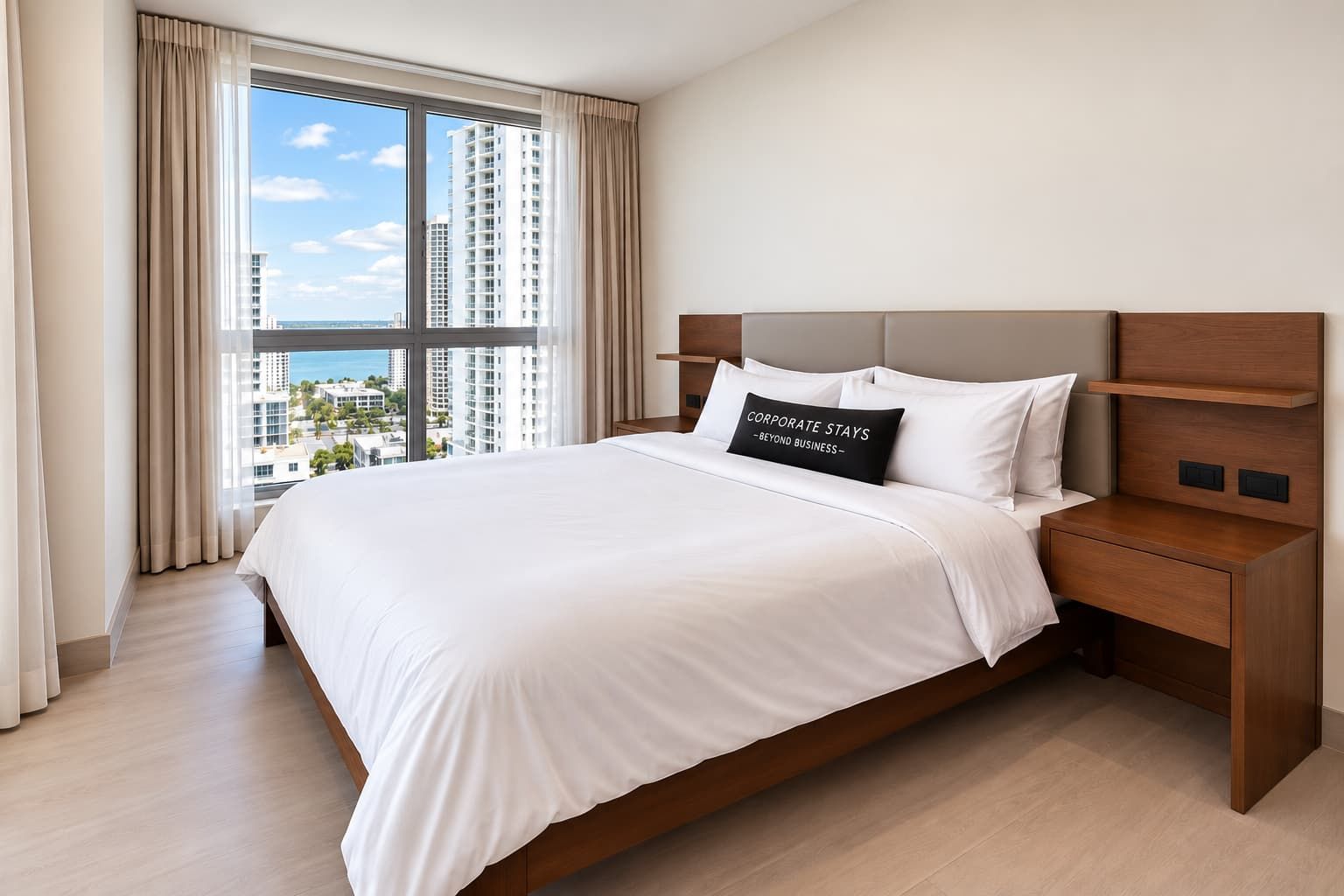 Ein Hotelzimmer mit einem großen Bett, einem Nachttisch und Blick auf hohe Gebäude durch ein Fenster.