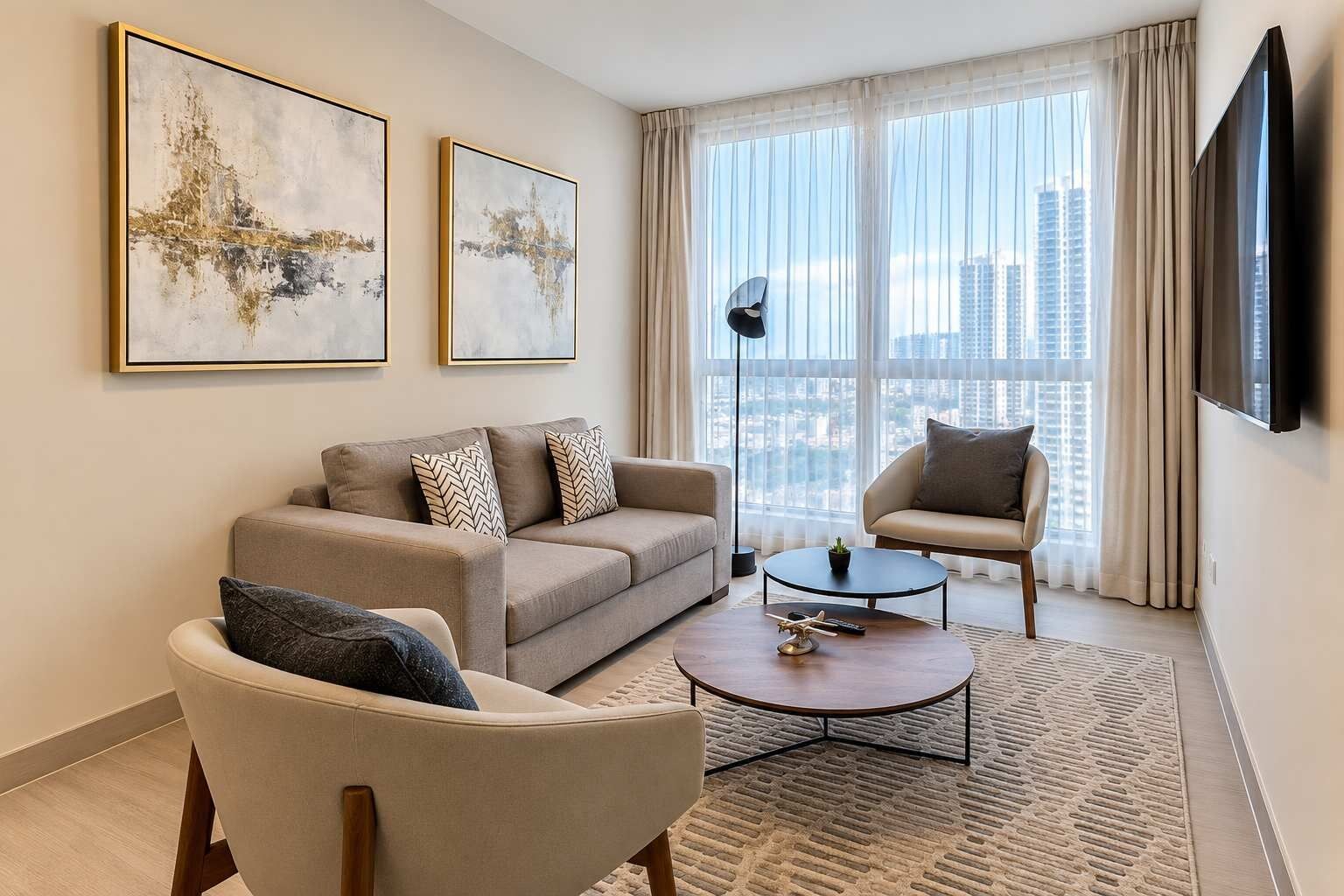 Een moderne woonkamer met een bank, fauteuil, salontafel en kunstwerken aan de wanden.