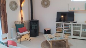 Een gezellige woonkamer met een open haard, een televisie en een boekenkast.