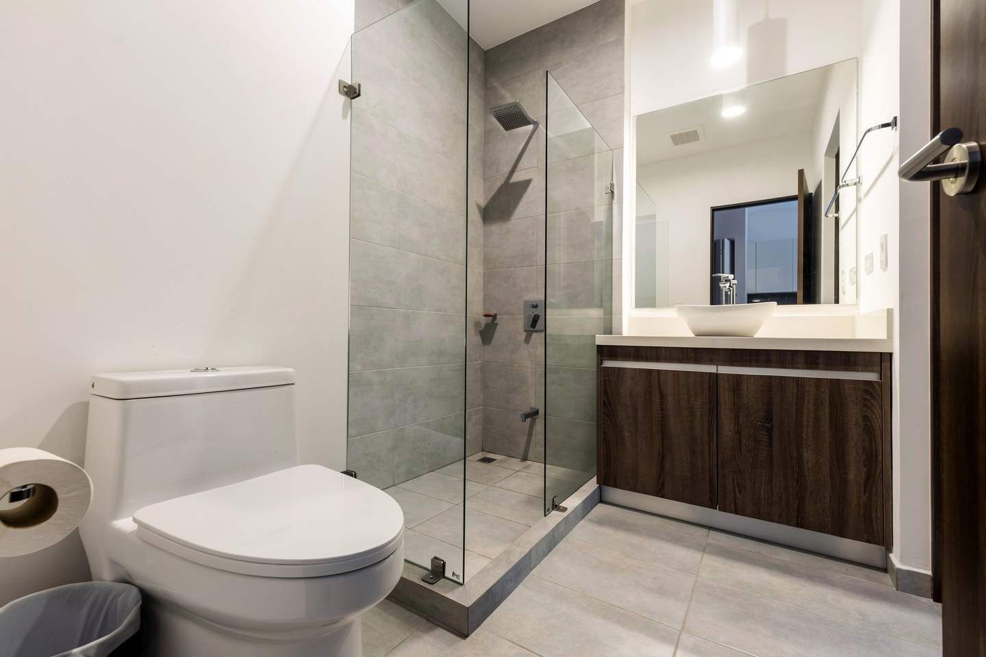 A modern bathroom with a toilet, a glass shower enclosure, and a vanity with a mirror.