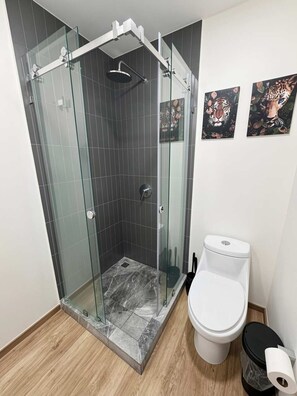 A bathroom with a glass-enclosed shower, a toilet, and two framed pictures on the wall. - Serviced Studio in Mexico City (Mexico City)