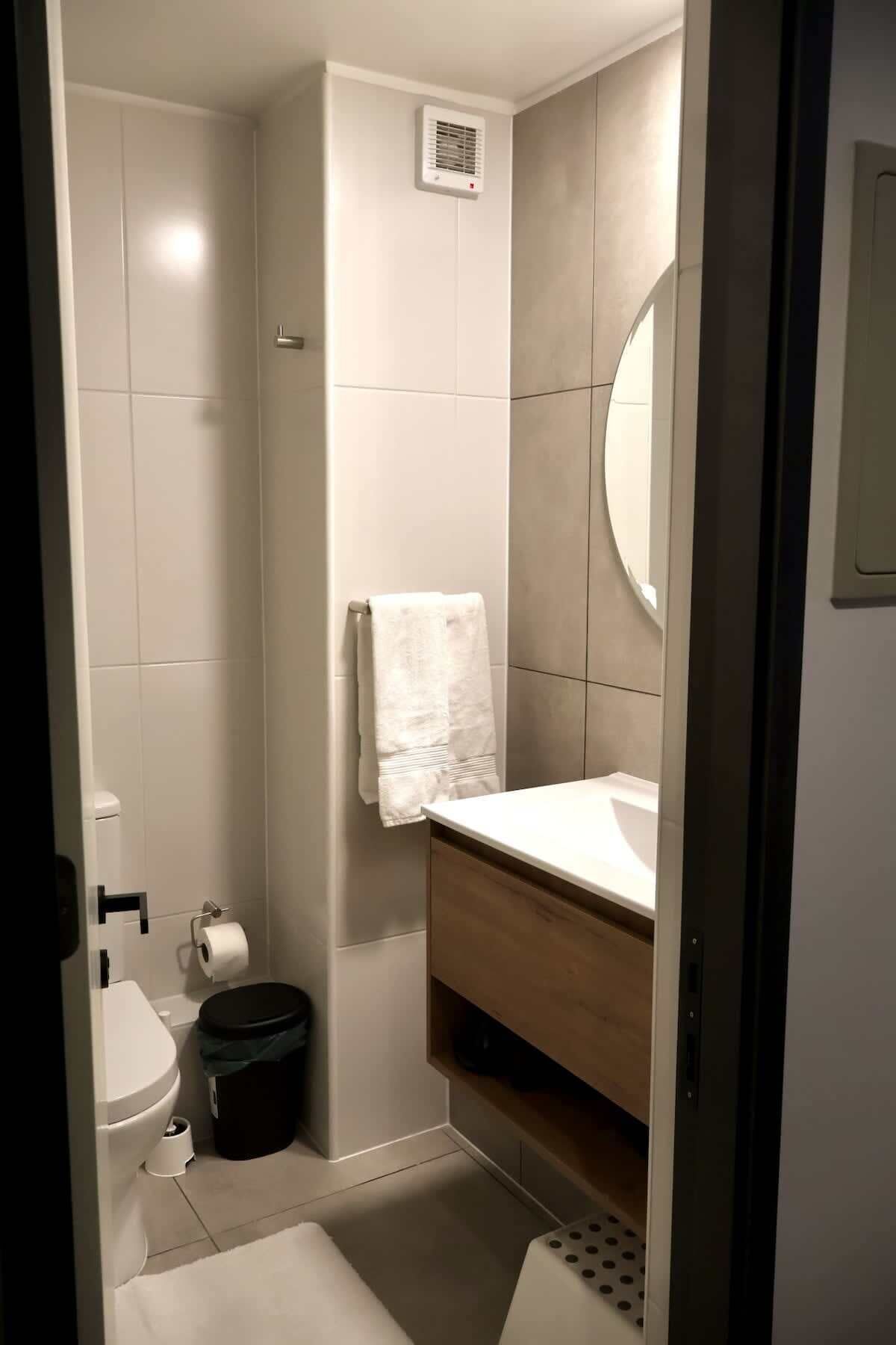 Un bagno piccolo con WC, lavandino e doccia.