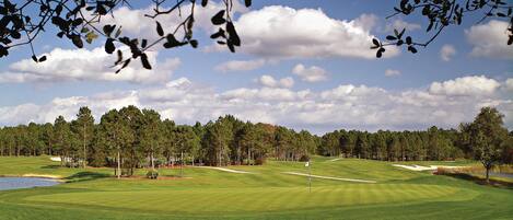 A golf course with a water hazard, sand bunkers, and a flagstick.