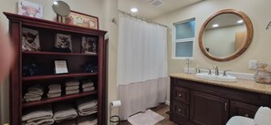 Shower, towels, toilet paper