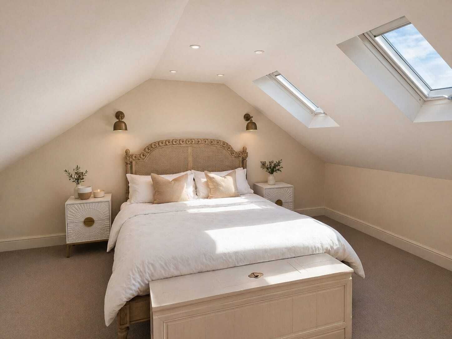 Un dormitorio con techo inclinado, un tragaluz, una cama con ropa blanca, dos mesitas de noche con lámparas y un cabecero decorativo.