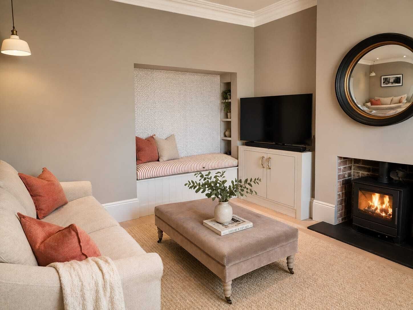 Un salón con sofá, reposapiés, chimenea, televisor y pared con diseño.