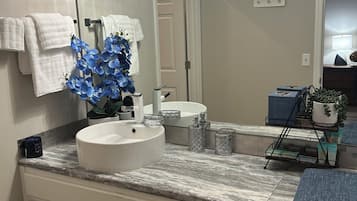 Hair dryer, towels, soap, toilet paper