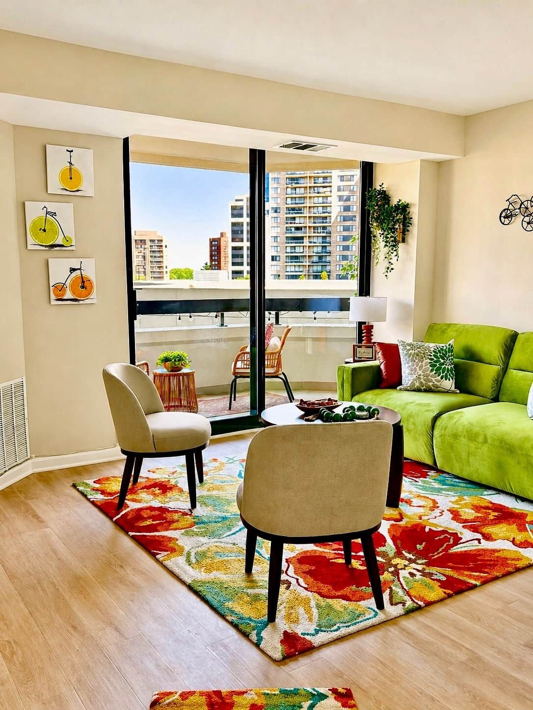 A modern living room with a green sofa, two chairs, a coffee table, and a colorful rug.
