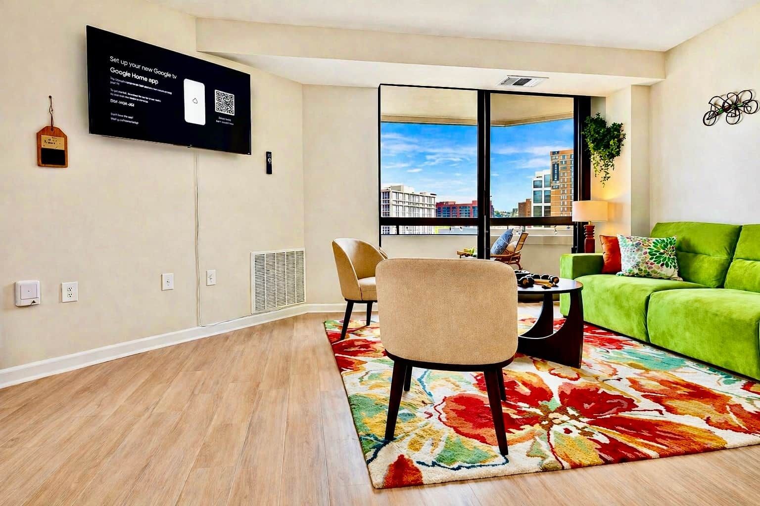A modern living room with a green sofa, a beige armchair, a small table, and a large window with a city view.