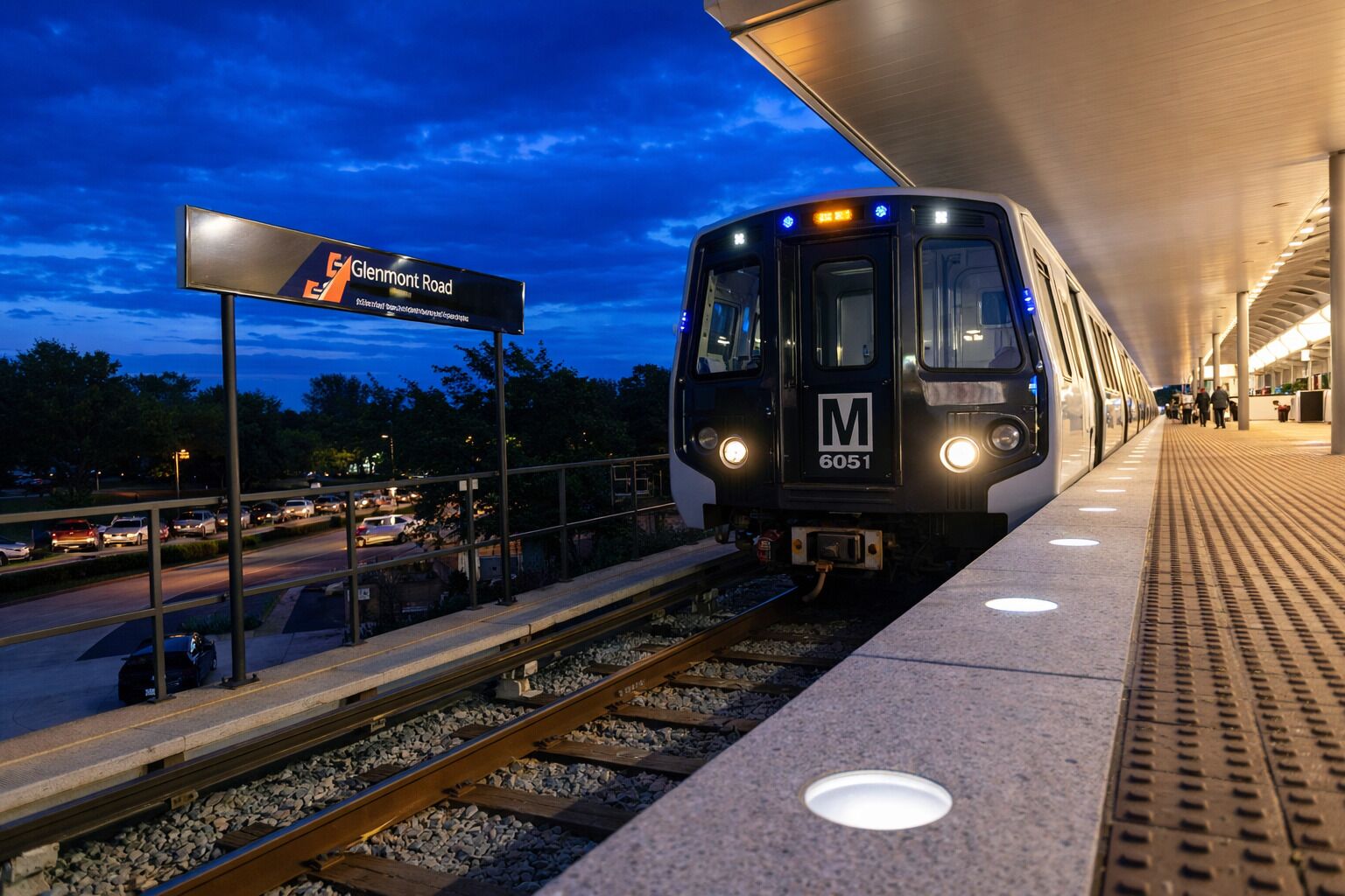 A train at a station platform with a sign for 'Glenmont Road' and a train number 'M 6051'.