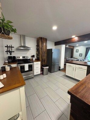 A modern kitchen with a central island, stainless steel appliances, and a hanging plant.