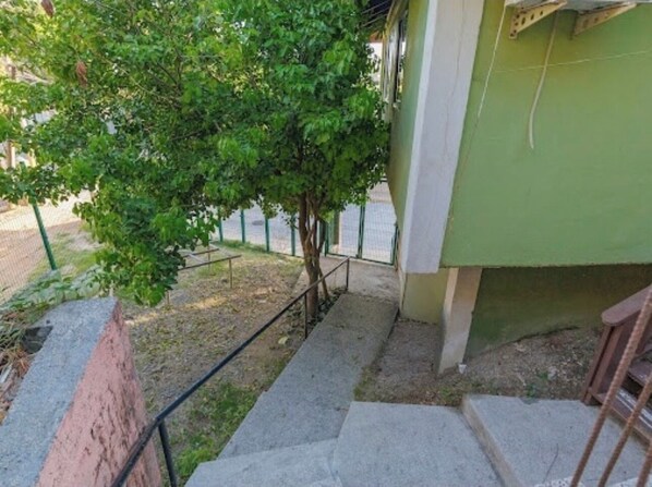 Eine Treppe führt zu einem Gebäude mit grüner Fassade, im Vordergrund steht ein Baum und im Hintergrund ist ein Metallzaun zu sehen.