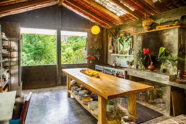 A rustic kitchen with a wooden table, a stove, and shelves with plants.
