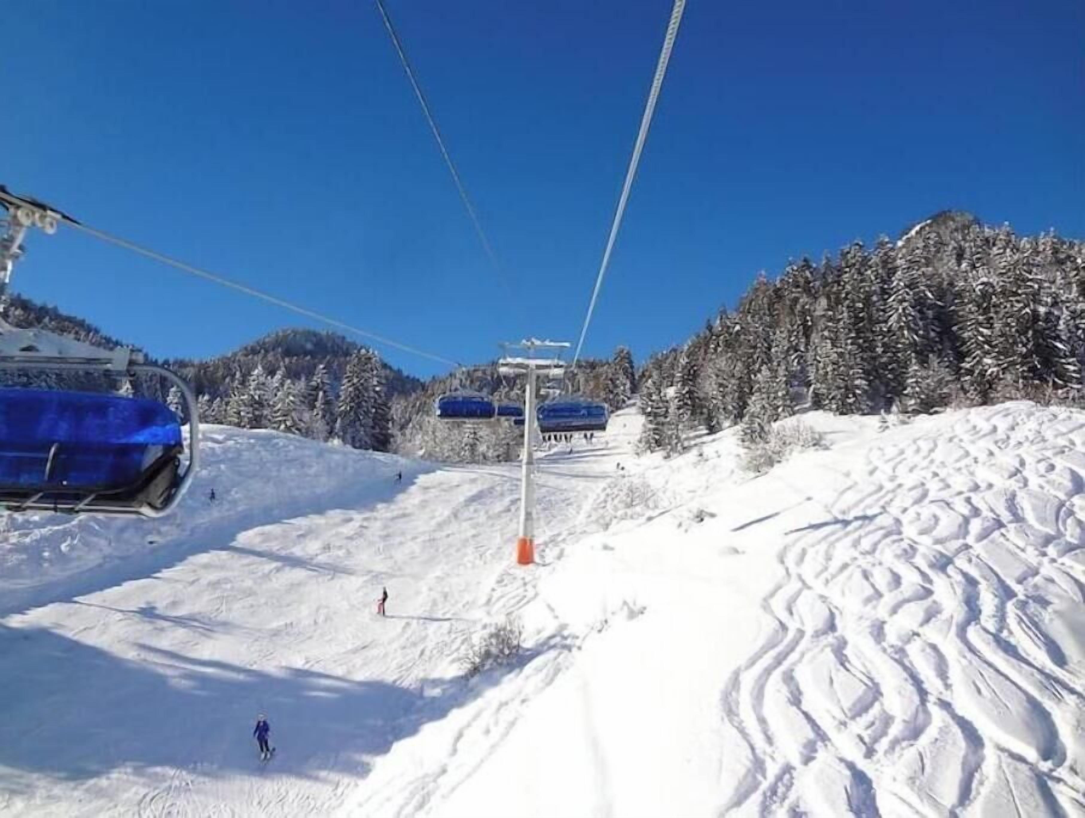 Um teleférico com cadeiras em movimento ao longo de cabos, uma encosta nevada e uma montanha arborizada ao fundo.
