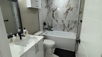 Hair dryer, towels, soap, toilet paper