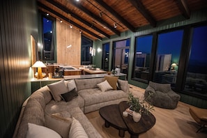 Smart TV, fireplace, books