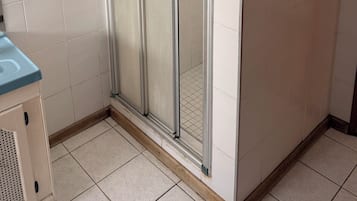 Shower, jetted bath, towels, toilet paper