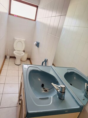 Shower, jetted tub, towels, toilet paper