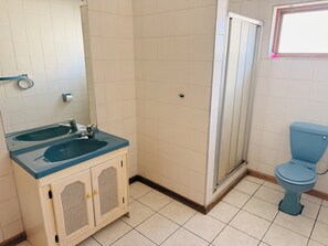 Shower, jetted tub, towels, toilet paper