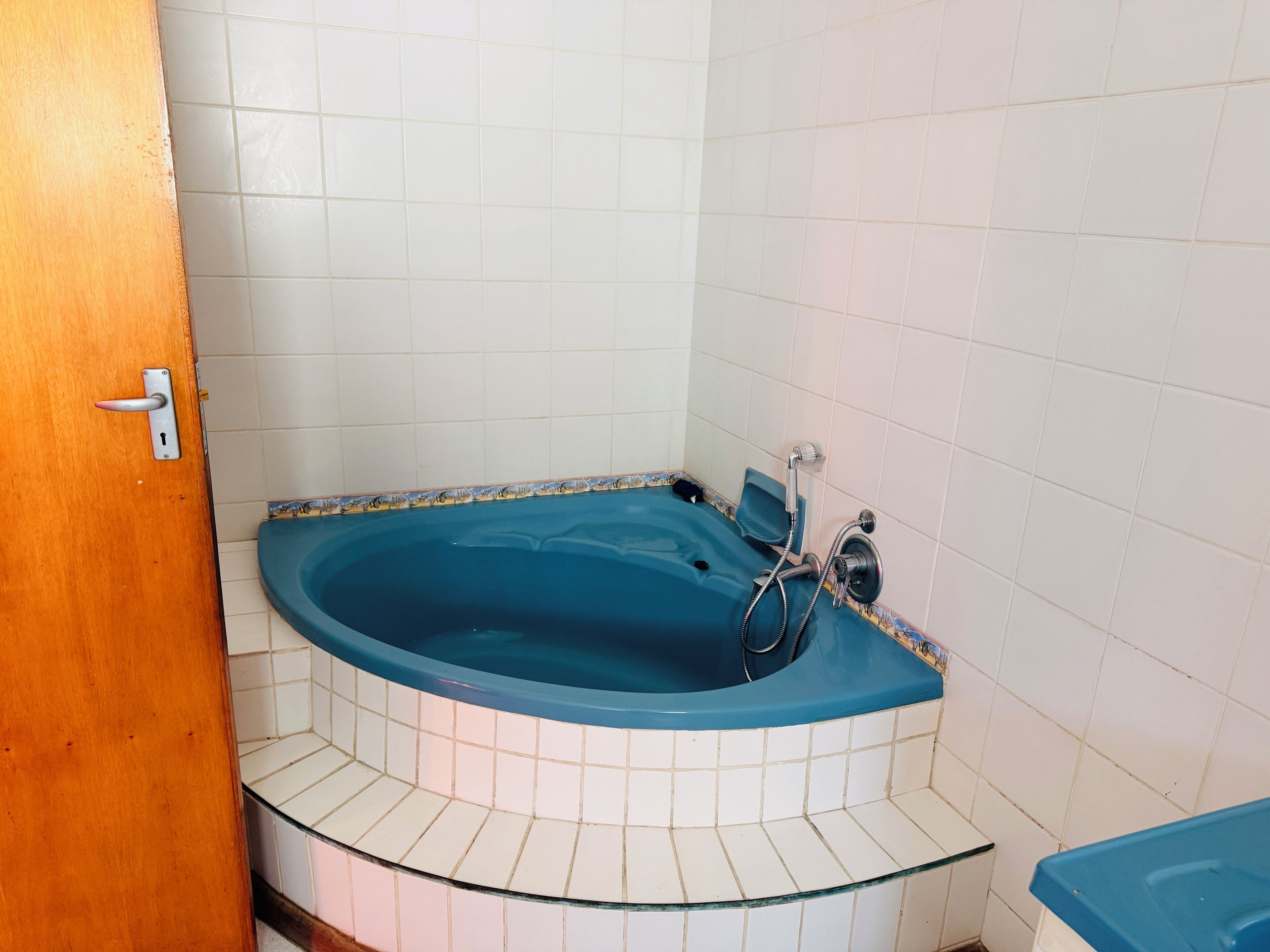 Shower, jetted tub, towels, toilet paper