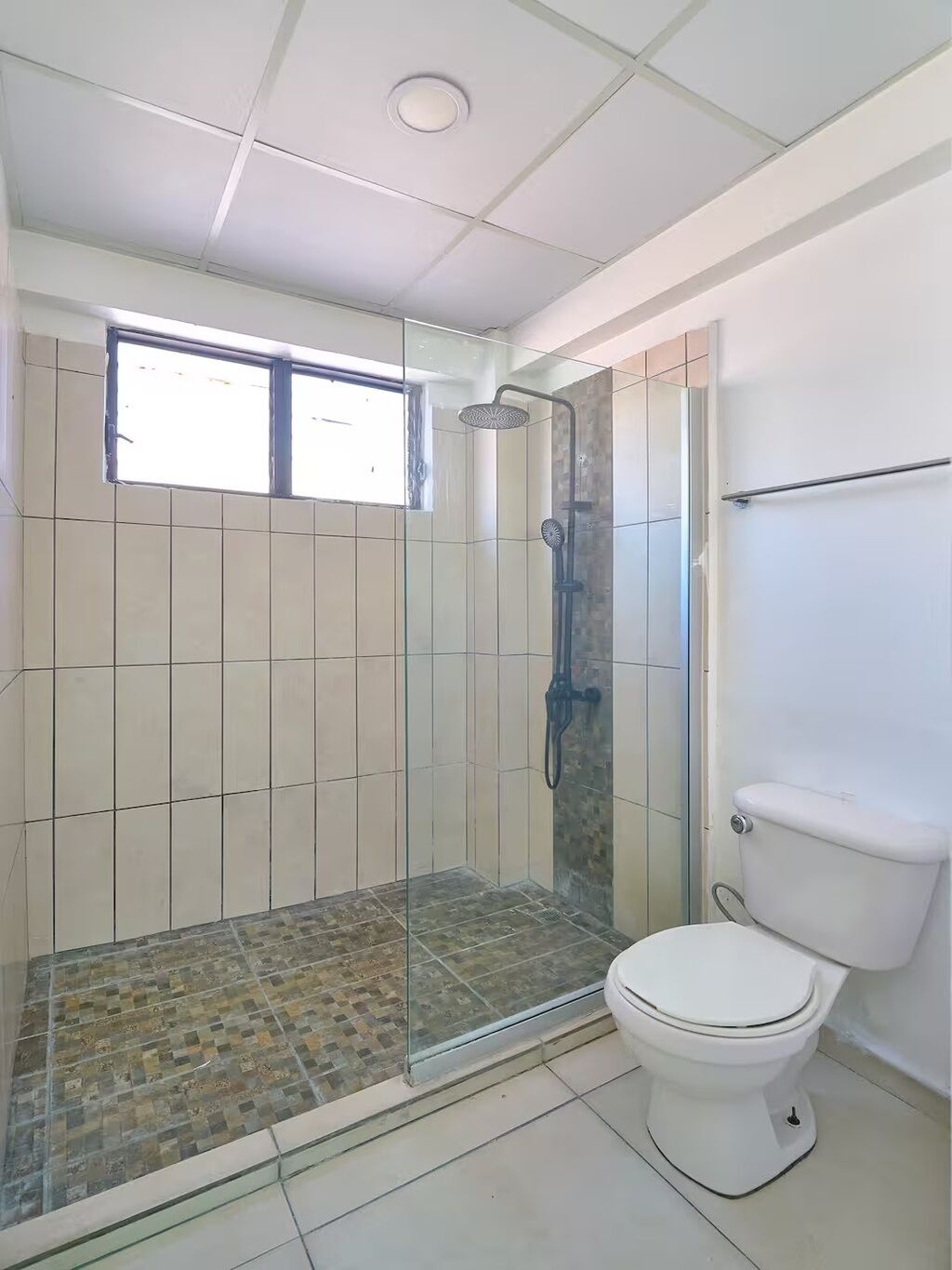 Un baño con ducha envuelta en vidrio, inodoro y ventana.