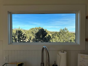 A kitchen with a window overlooking a forested area. - Container Home at the Edge of the San Juans (South Fork)