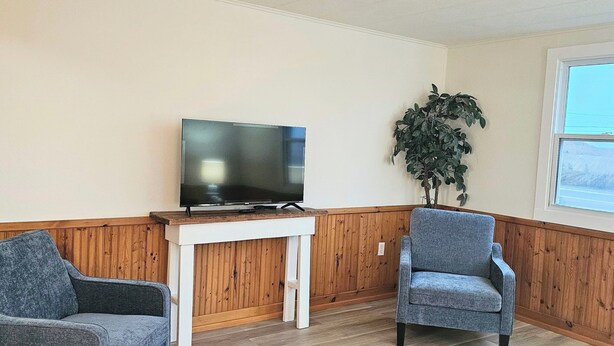 Una sala de estar con televisor, dos sillones, una mesa de centro de madera, una planta en maceta y paneles de madera en las paredes.
